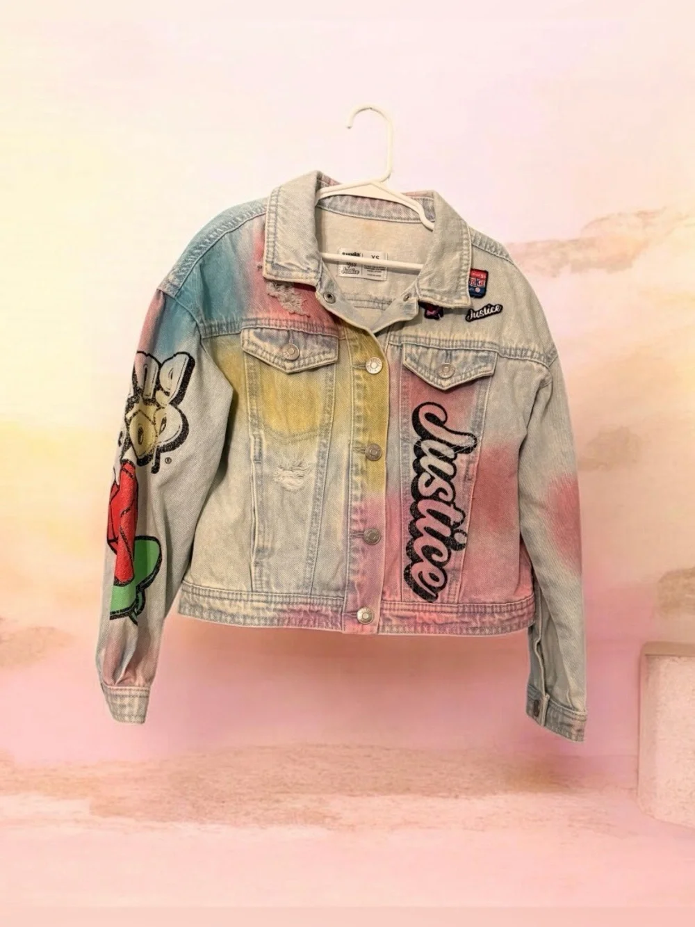Justice x Bazooka x Ring Pop Denim Jacket Girls XS (5/6) Pastel Tie Dye